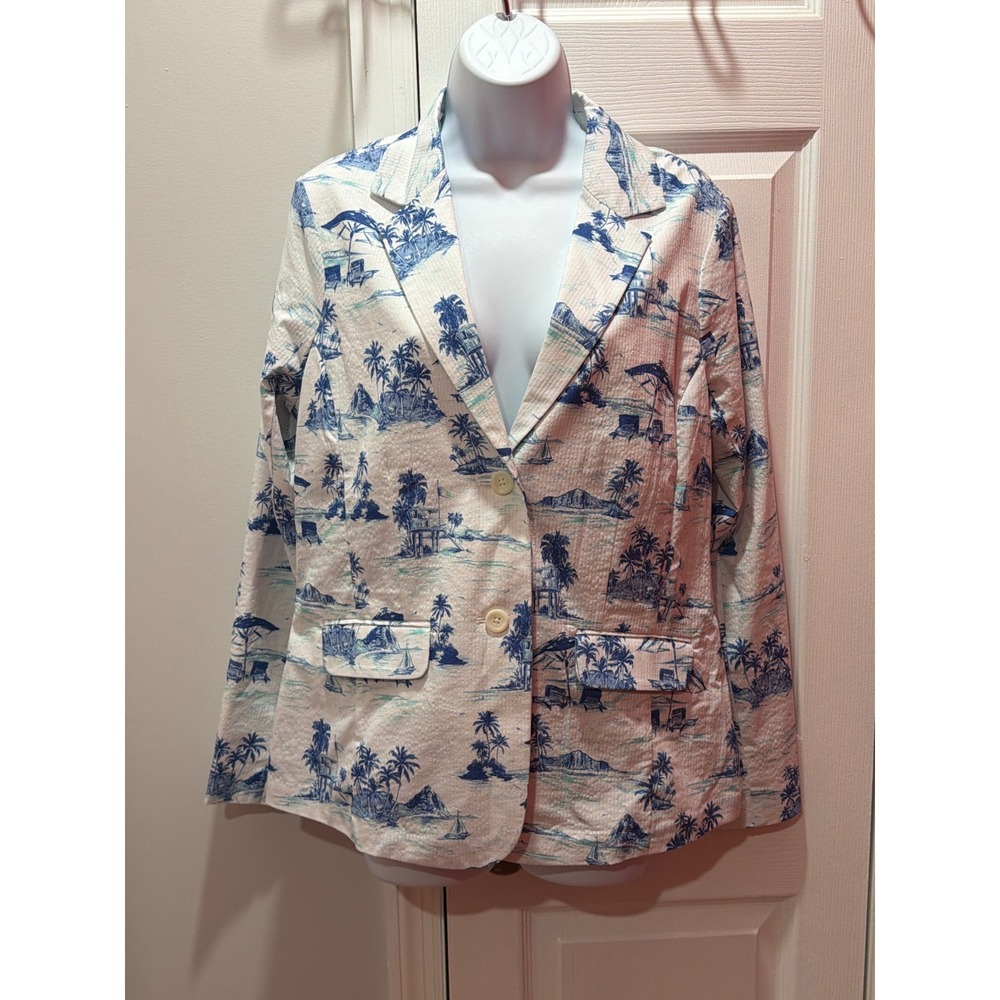 NWT Tommy Bahama Blazer Womens White Blue Nova Wave Beach Days Seersucker SP